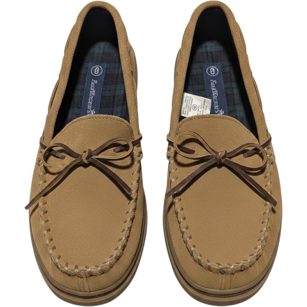 FootWarmers Tan Suede Moccasin Slippers Plaid Lined Leather Upper Size 8 5779402